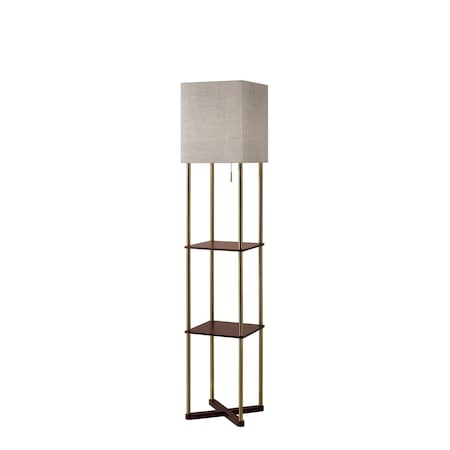 Estallar Floor Lamp with Antique Brass Poles & Walnut Wood Storage Shelves with Two USB Ports ES2627507
